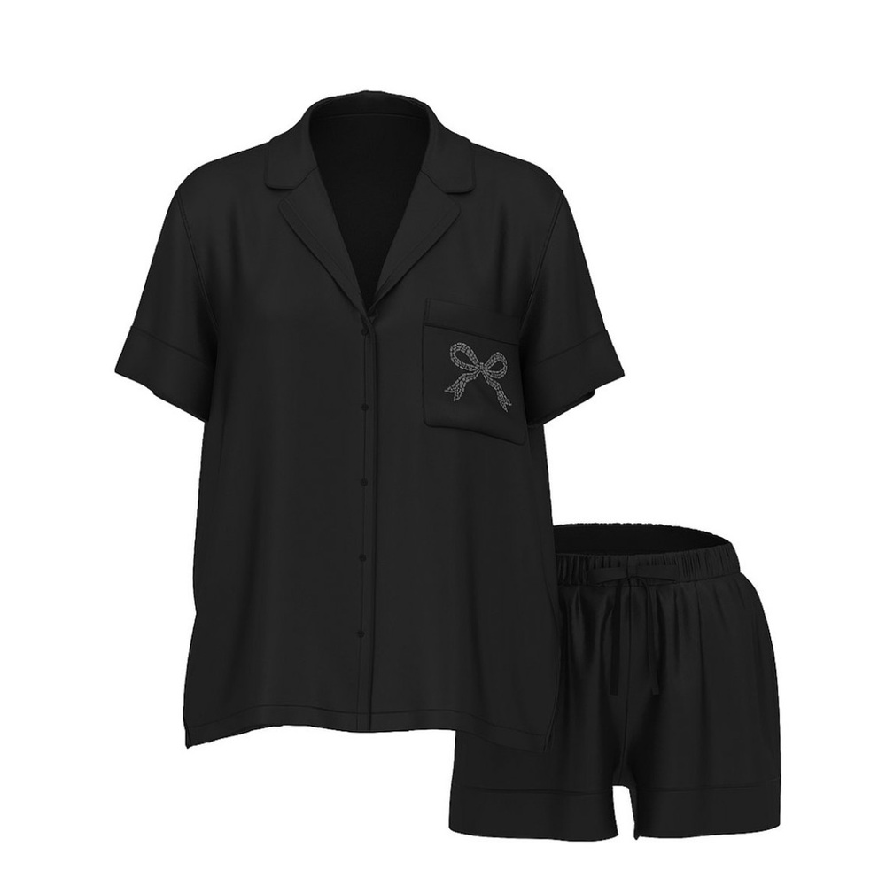 New Victoria's Secret Black Satin Short Pajama Set Diamante Crystal Bow Size NWT - Picture 5 of 6
